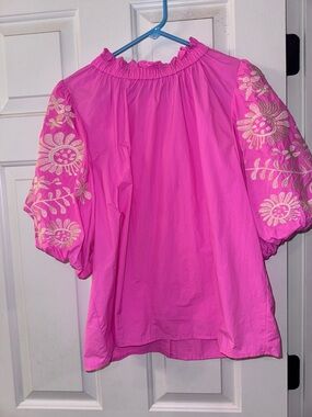 THML Hot Pink Embroidered Puff-Sleeve Blouse